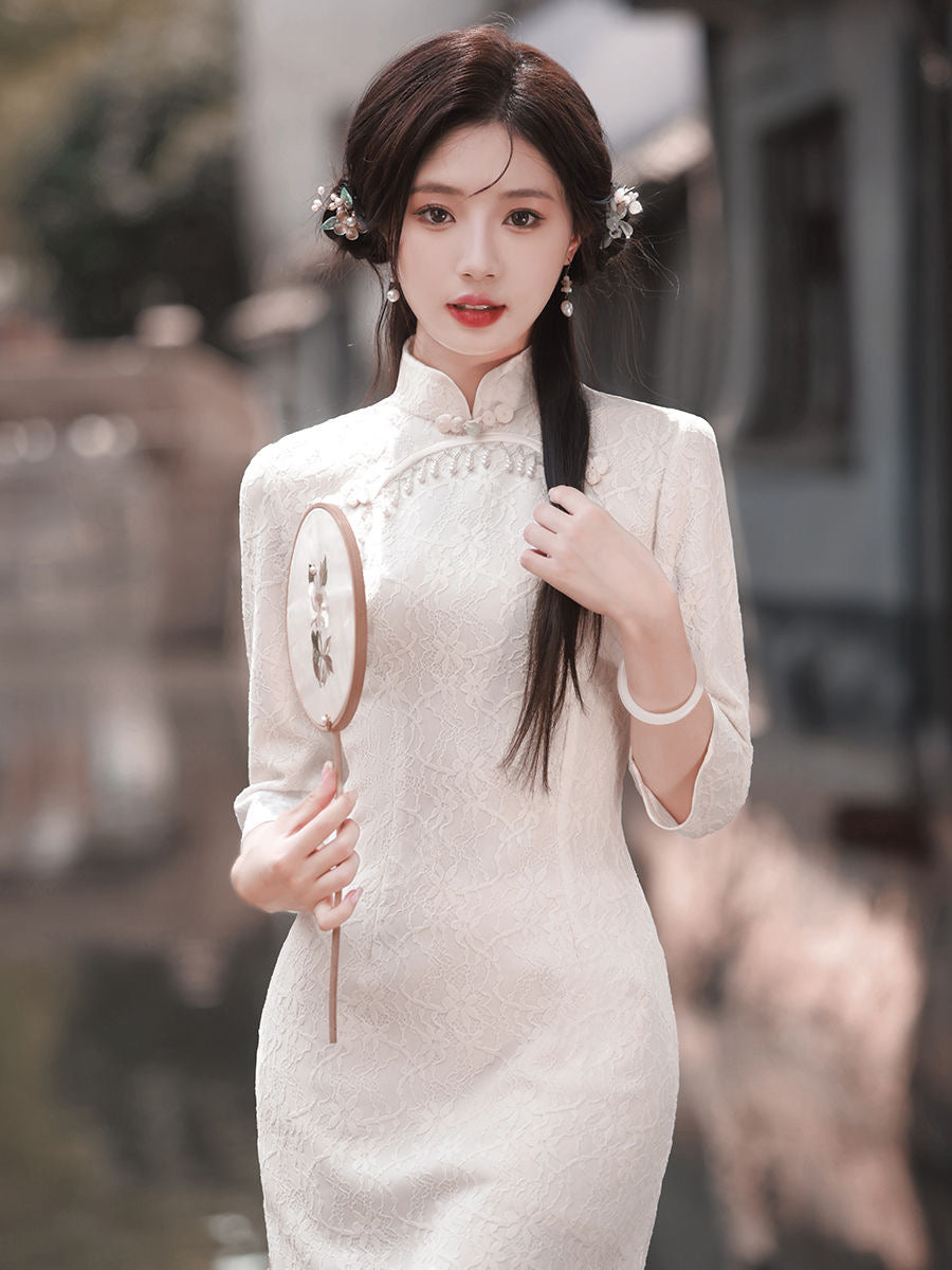 Classic Textured Long Sleeve Cheongsam