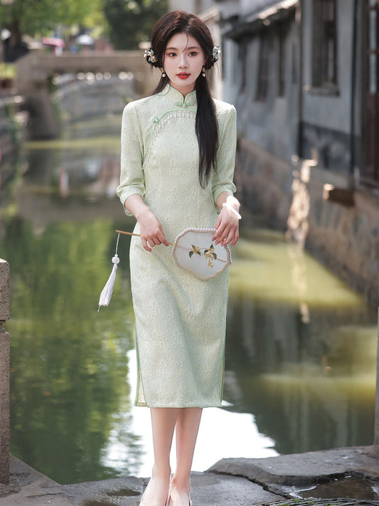 Classic Textured Long Sleeve Cheongsam