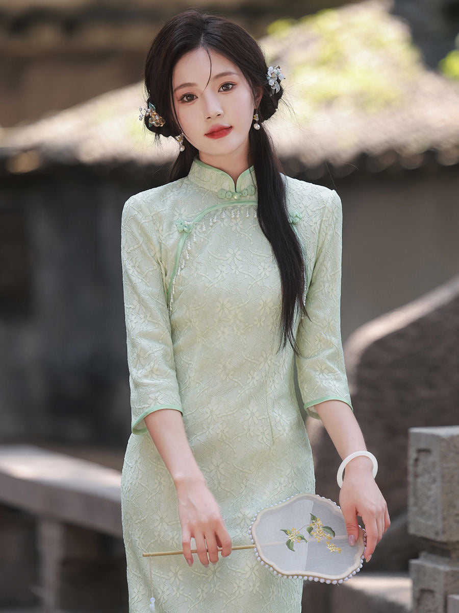 Classic Textured Long Sleeve Cheongsam