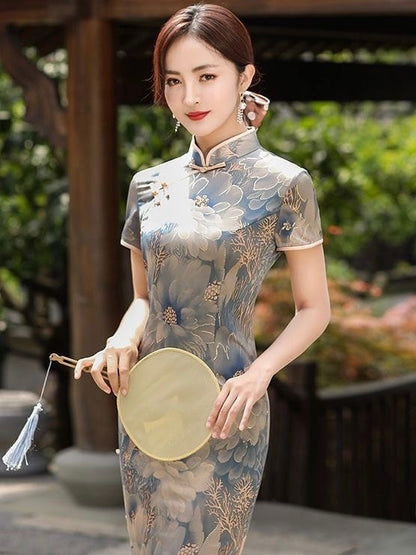 Rose Printed Short Sleeve Cheongsam