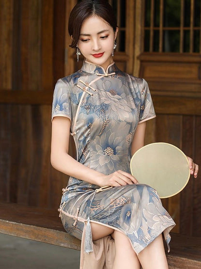 Rose Printed Short Sleeve Cheongsam