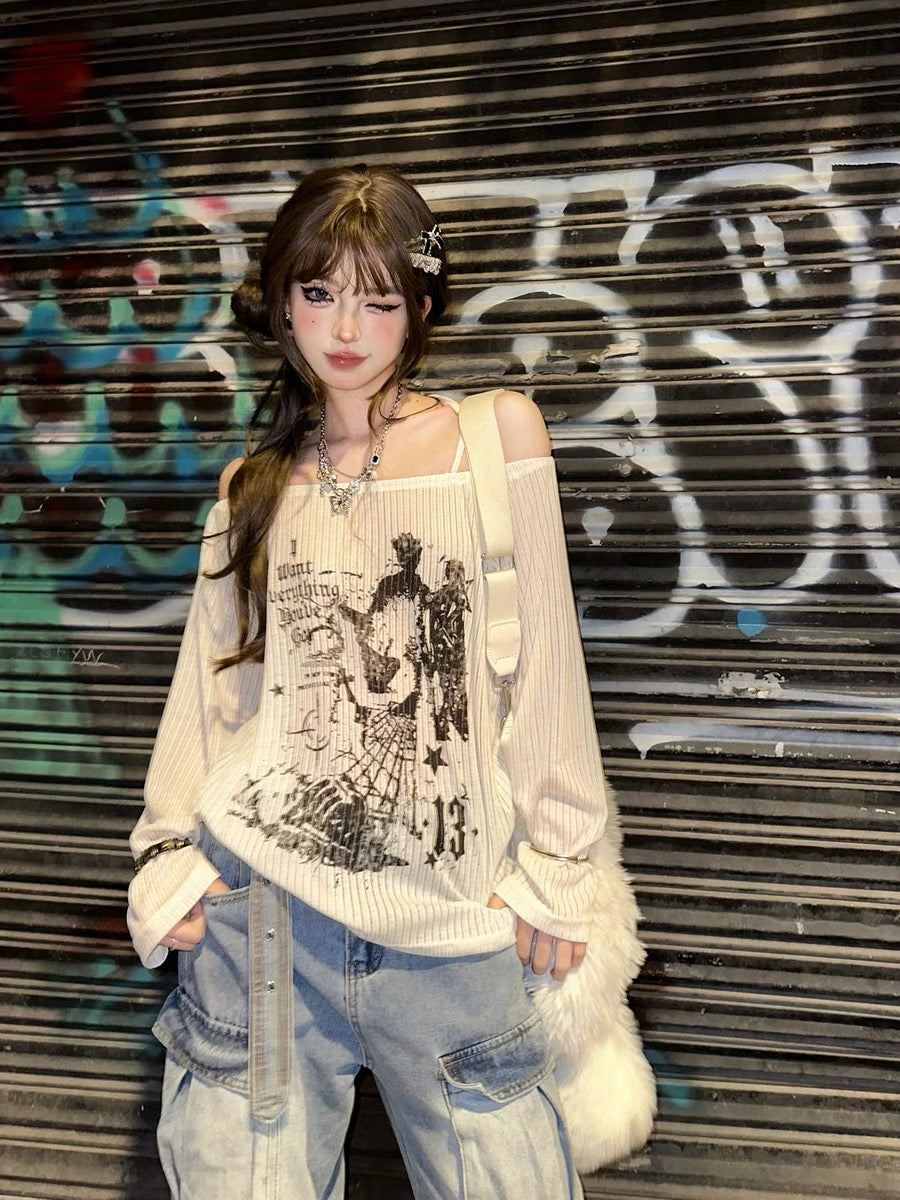 Love Print One Shoulder Loose Long Sleeve T-Shirt