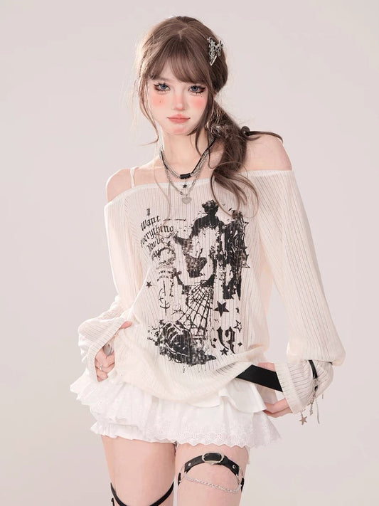 Love Print One Shoulder Loose Long Sleeve T-Shirt