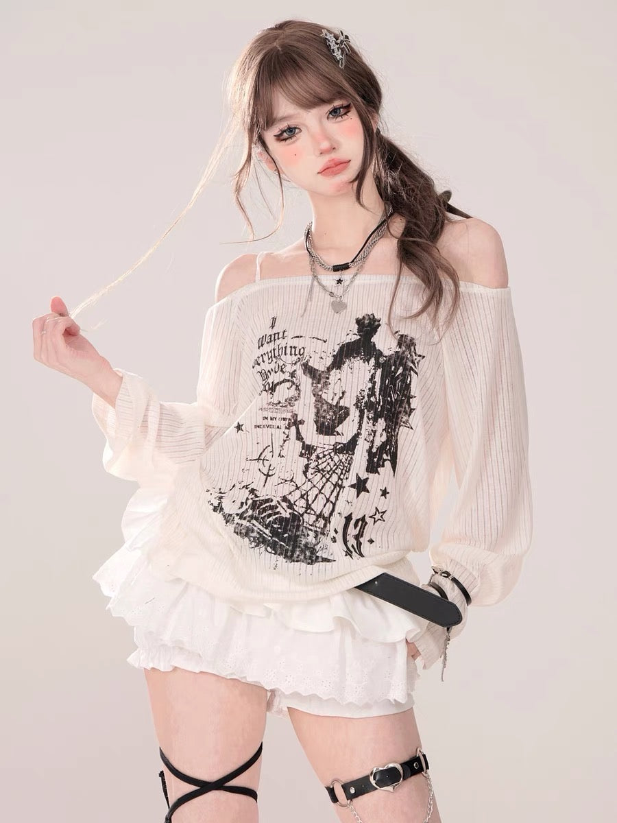 Love Print One Shoulder Loose Long Sleeve T-Shirt