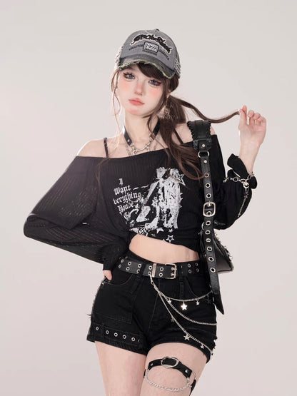 Love Print One Shoulder Loose Long Sleeve T-Shirt