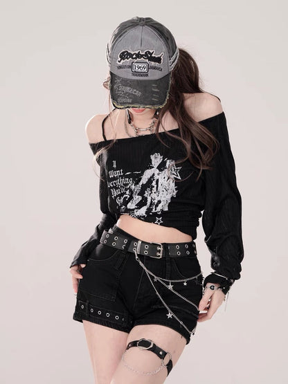 Love Print One Shoulder Loose Long Sleeve T-Shirt