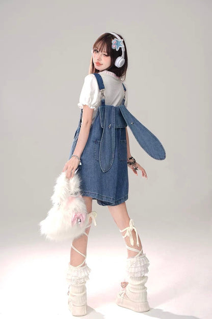 Denim Overalls Shorts with Bunny Ears