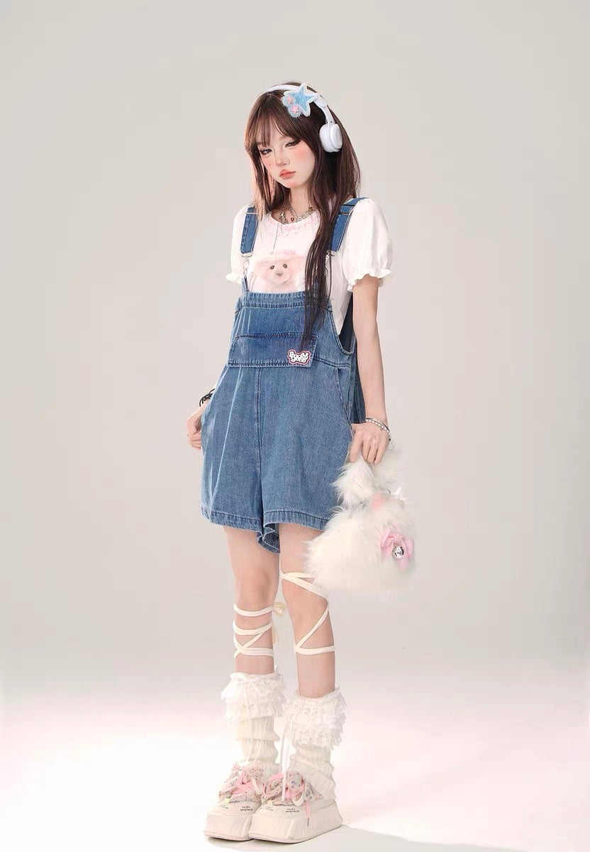 Denim Overalls Shorts with Bunny Ears