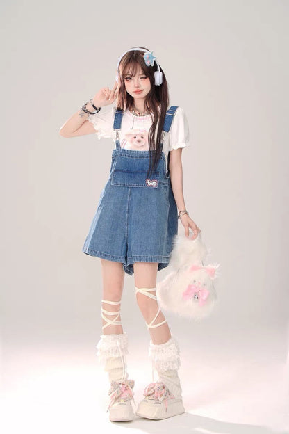 Denim Overalls Shorts with Bunny Ears