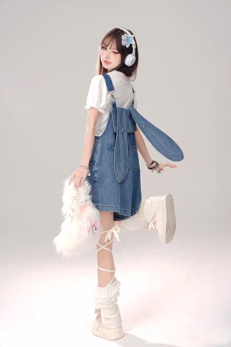 Denim Overalls Shorts with Bunny Ears