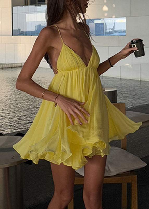 Mid Spaghetti Backless V Italian Patchwork Neck Strap Yellow