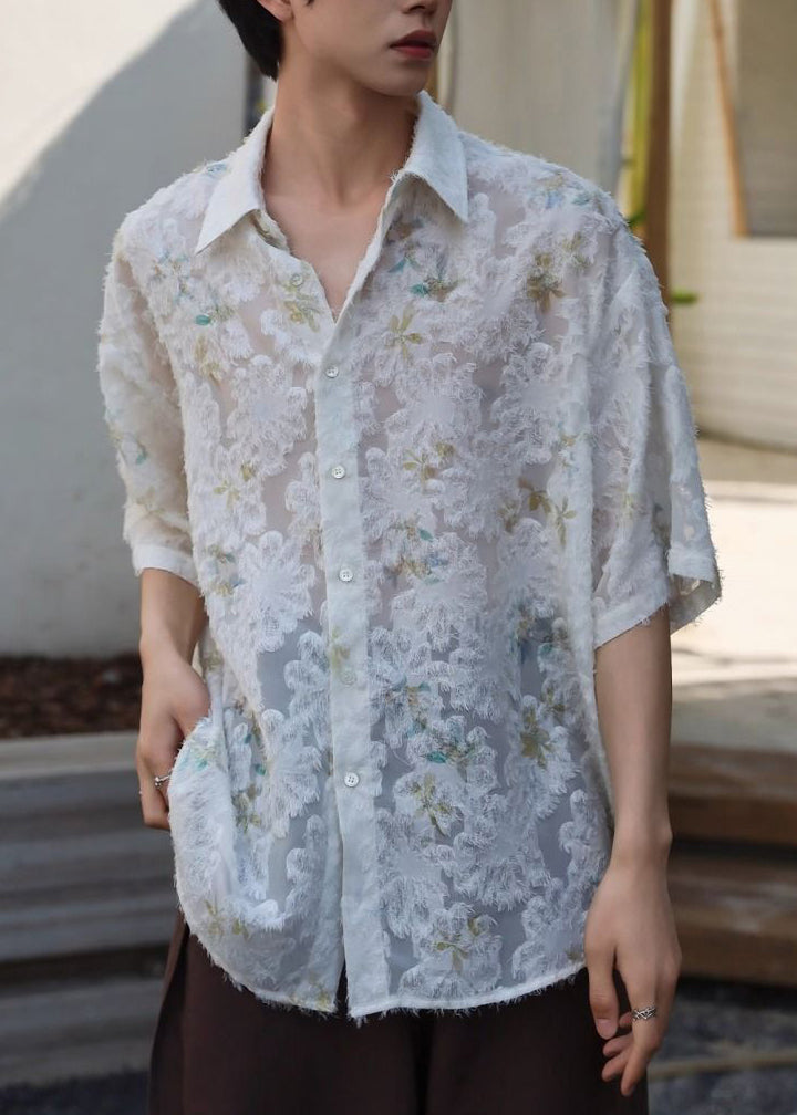 Shirt Ice Beige Sleeve Jacquard Half Silk Men Button Peter Pan Collar