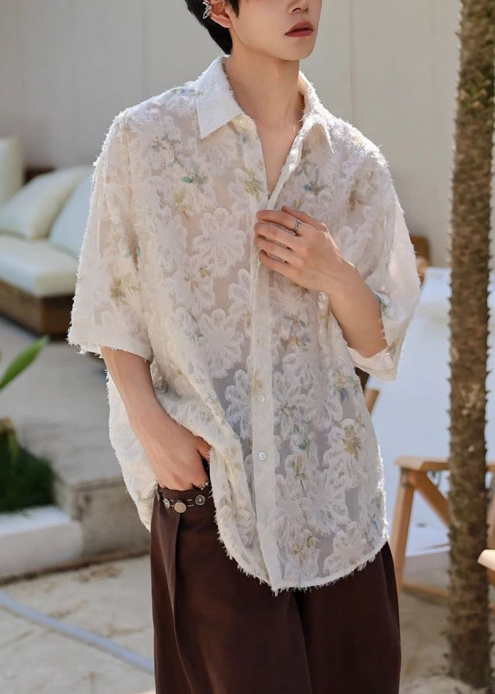 Shirt Ice Beige Sleeve Jacquard Half Silk Men Button Peter Pan Collar