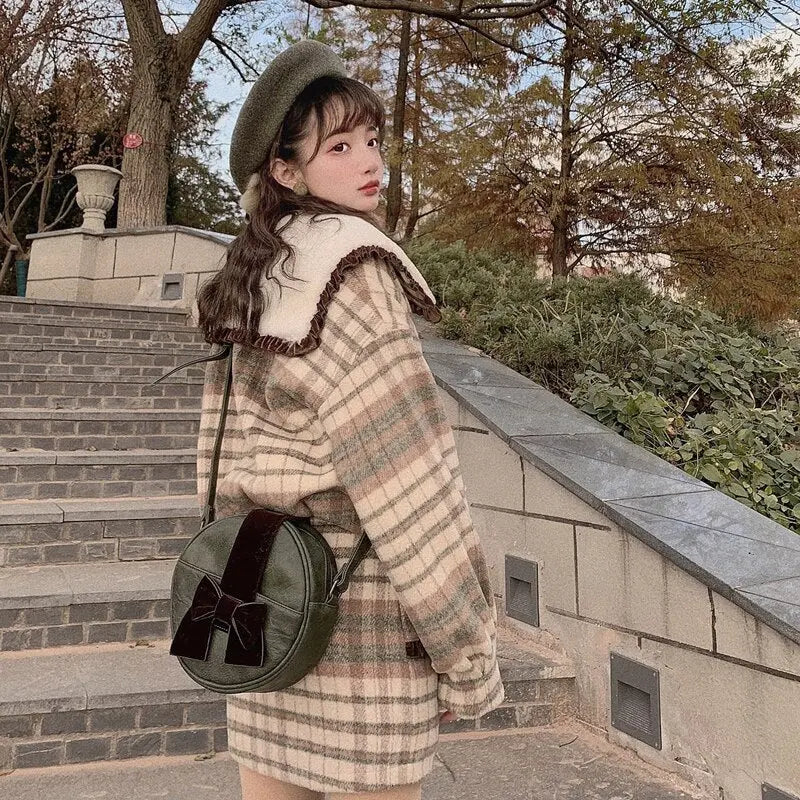 Mode japonaise douce princesse Plaid laine manteau court jupe costume BM182