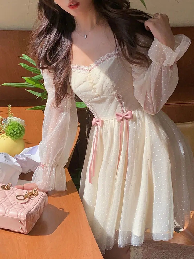 Kawaii Elegant Princess Sweet Dot Long Sleeve Vintage Fairy Dress MK16956
