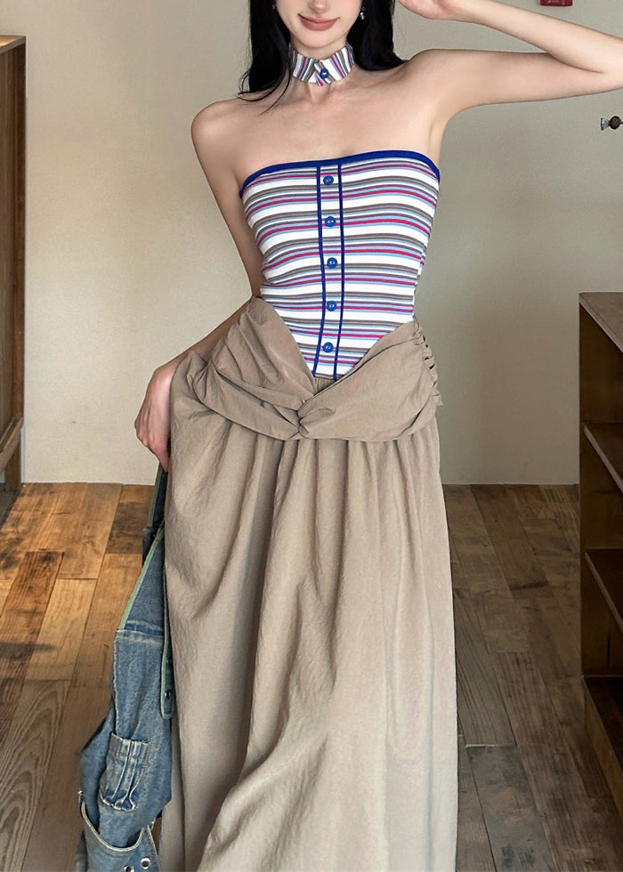 Shoulder Maxi Cold Sleeveless Dresses Khaki Wrinkled