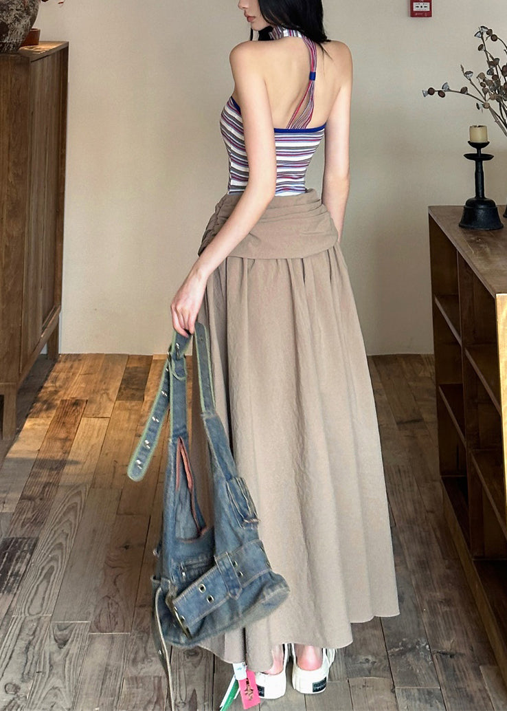 Shoulder Maxi Cold Sleeveless Dresses Khaki Wrinkled