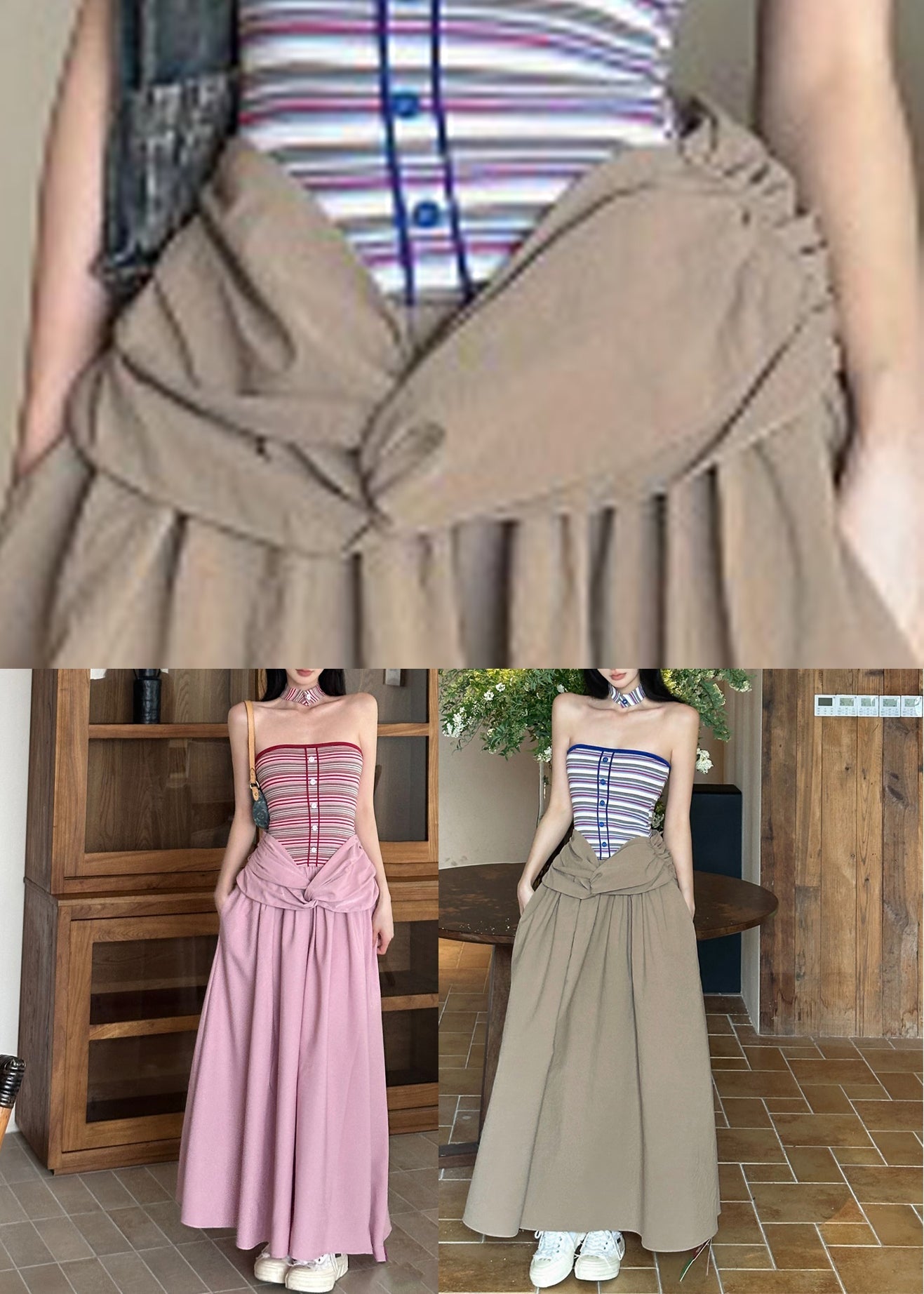 Shoulder Maxi Cold Sleeveless Dresses Khaki Wrinkled