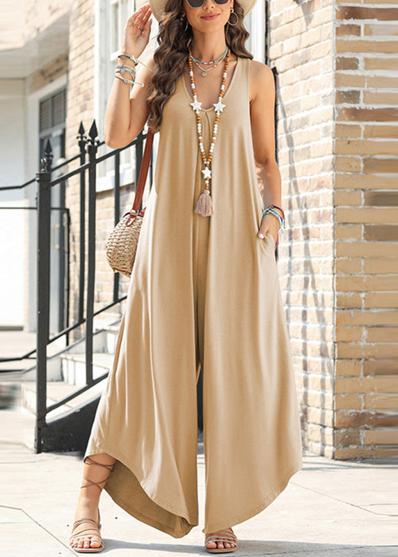Khaki Patchwork Sleeveless Jumpsuit Pockets