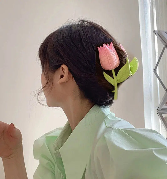 Korean Fashion Pink 3D Tulip Hair Claws Shark Clip Floral Hair Accessories W355