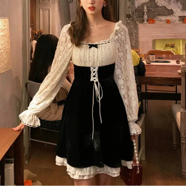 Korean Vintage Kawaii Lace Slim Elegant Retro Black Fairy Dress MK16699