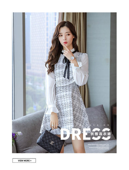 Long Sleeve Ruffled Collar Tweed Mock Two-Piece Dress