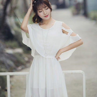 Cap Sleeve Cold-Shoulder Plain A-Line Dress