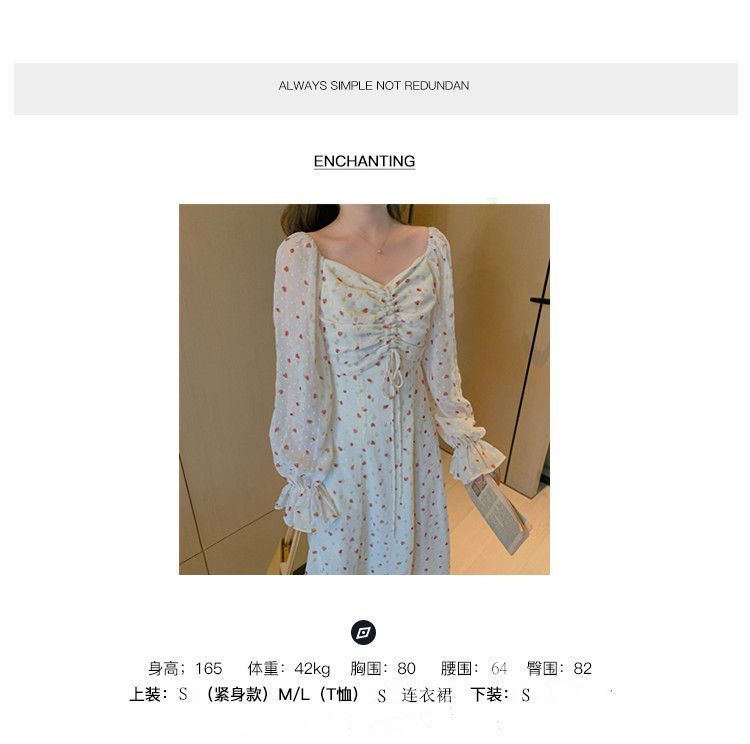 Long Sleeve Square Neck Drawstring Floral Chiffon Dress