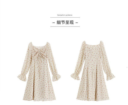 Long Sleeve Square Neck Drawstring Floral Chiffon Dress