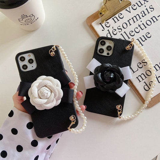 Flower Faux Pearl Chain Phone Case