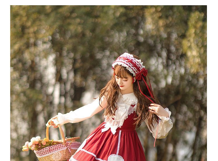 Lolita Lace Trim A-Line Overall Dress / Long-Sleeve Blouse / Petticoat Skirt / Headband / Set