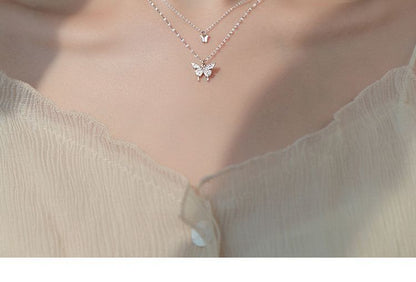 Butterfly Pendant Layered Sterling Silver Necklace