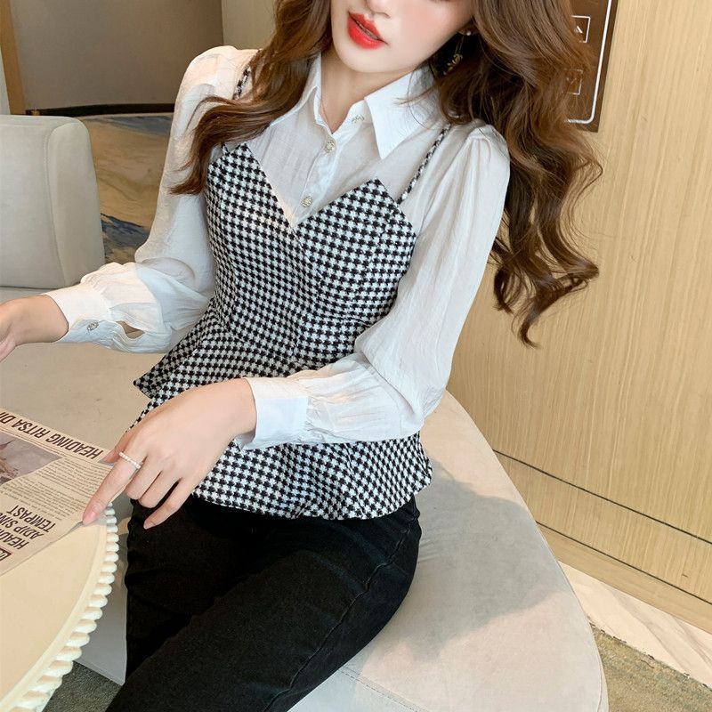 Long Sleeve Houndstooth Panel Mock Two Piece Top