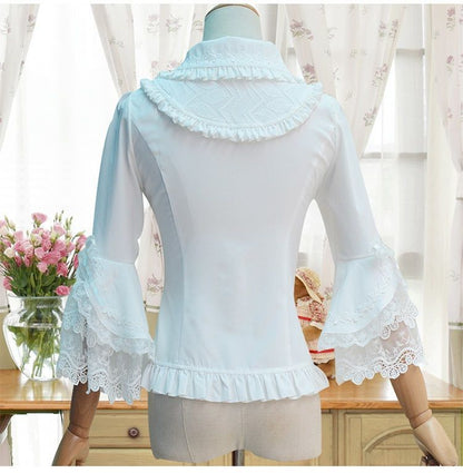 Lolita Bell-Sleeve Collared Lace Trim Blouse