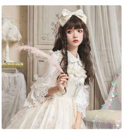 Lolita Bell-Sleeve Collared Lace Trim Blouse