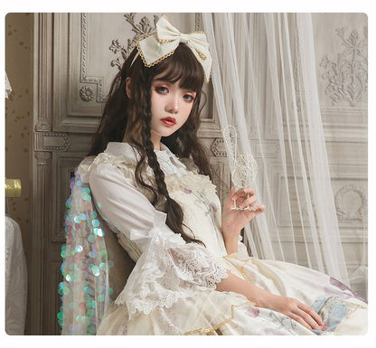 Lolita Bell-Sleeve Collared Lace Trim Blouse