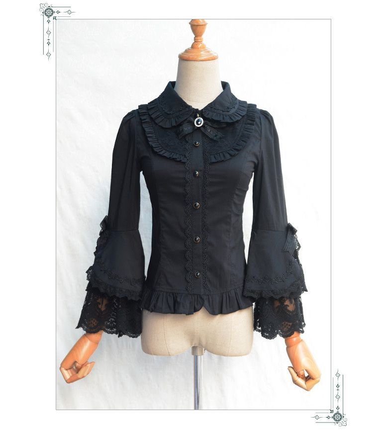 Lolita Bell-Sleeve Collared Lace Trim Blouse