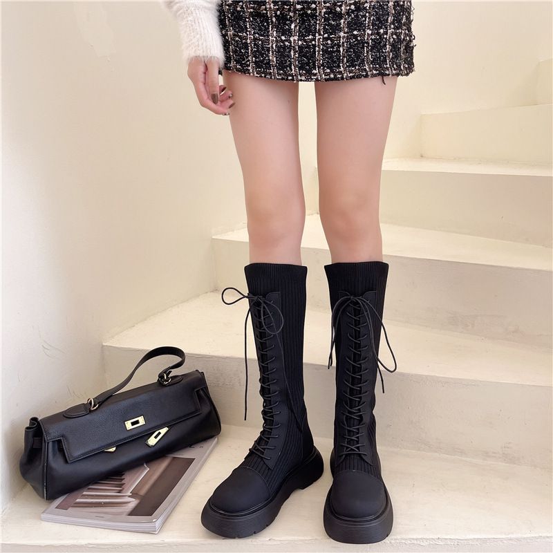 Platform Lace-Up Knit Panel Boots Tall