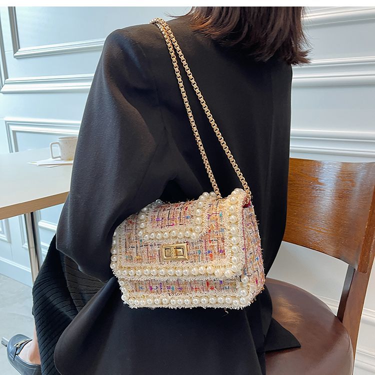 Faux Pearl Tweed Crossbody Bag