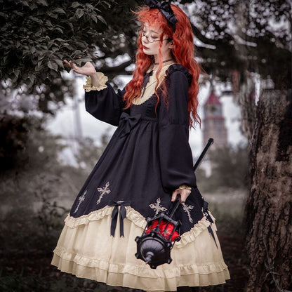 Cross Embroidered Long-Sleeve Lolita Dress