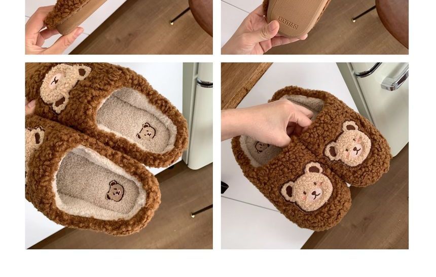 Bear Embroidered Fluffy Home Slippers