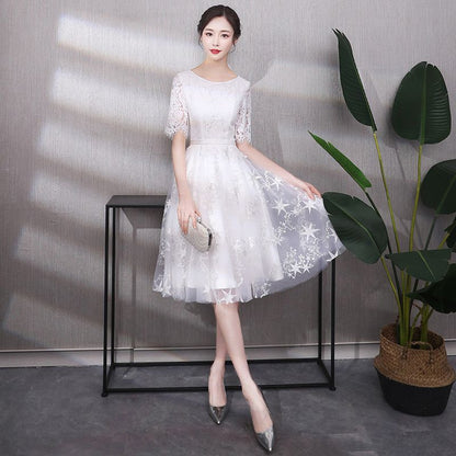 Elbow-Sleeve Lace A-Line Evening Dress