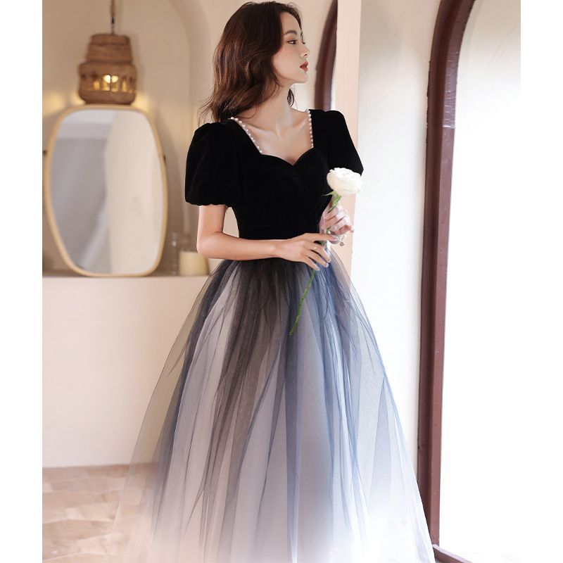 Puff-Sleeve Ombre Mesh A-Line Evening Gown