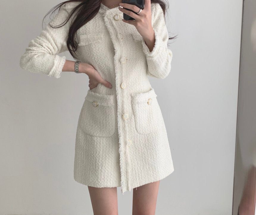 Long-Sleeve Fray Hem Mini A-Line Tweed Dress