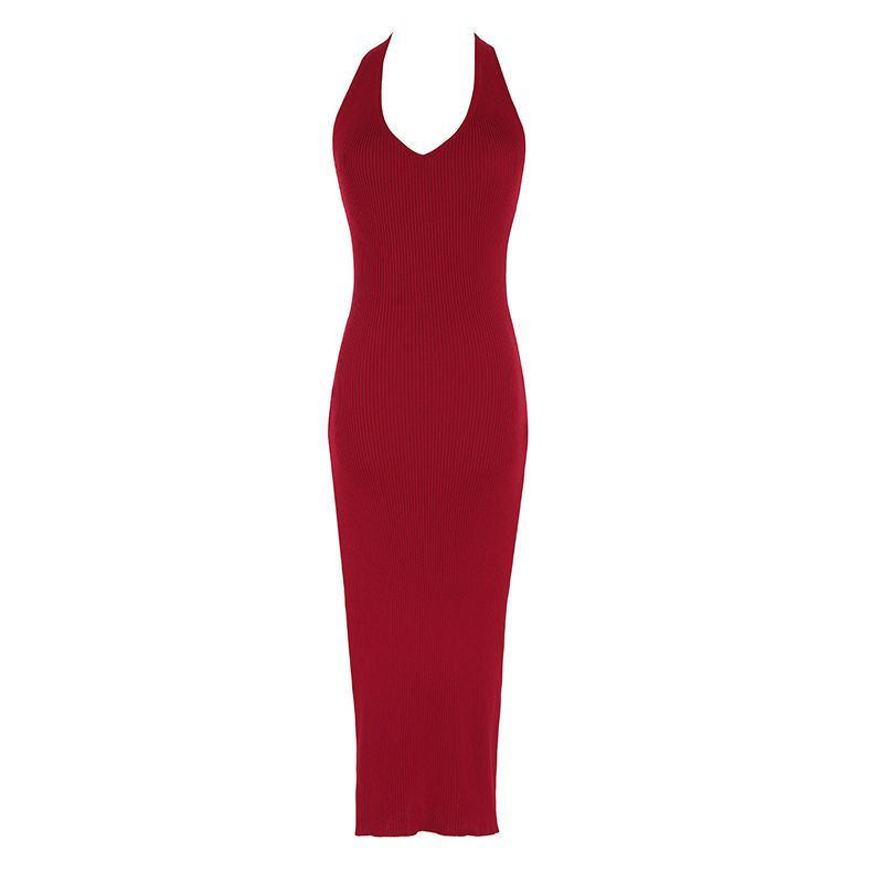 V-Neck Sleeveless Slim-Fit Plain Halter Dress