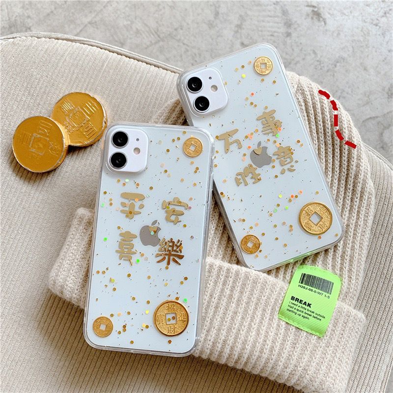 Chinese Characters Gold Leaf Transparent Phone Case