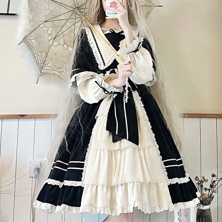 Lolita Long-Sleeve Mock Two-Piece Lace Trim A-Line Dress / Headpiece / Set