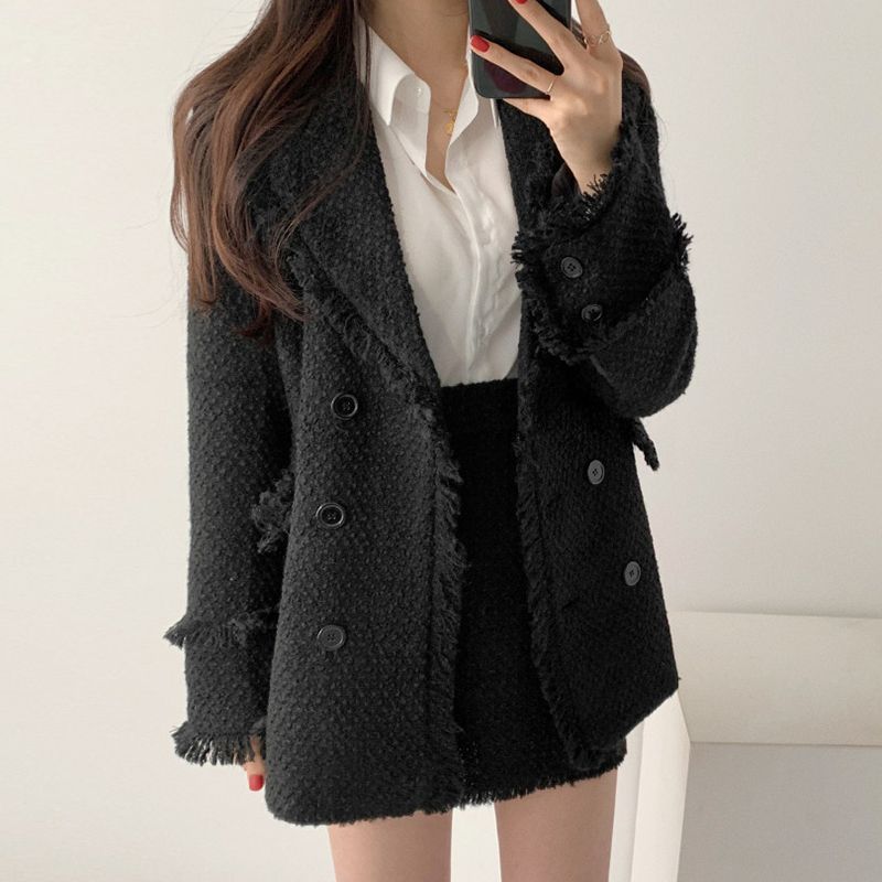 Fringed Trim Tweed Blazer / A-Line Skirt