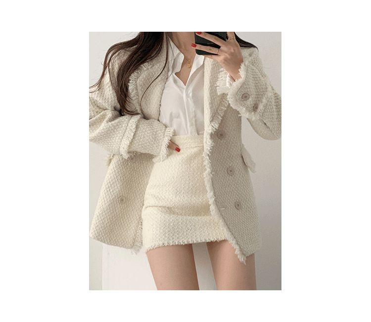 Fringed Trim Tweed Blazer / A-Line Skirt