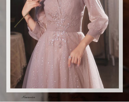 Puff-Sleeve Floral Embroidered A-Line Evening Gown